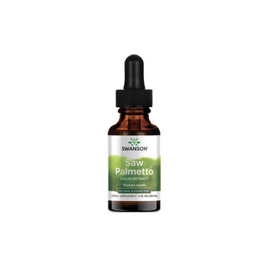 A brown glass dropper bottle of Swanson Saw Palmetto Liquid Extract 29.6 ml with black cap and white label, shown on a plain white background, ideal for prostate health and DHT balance.